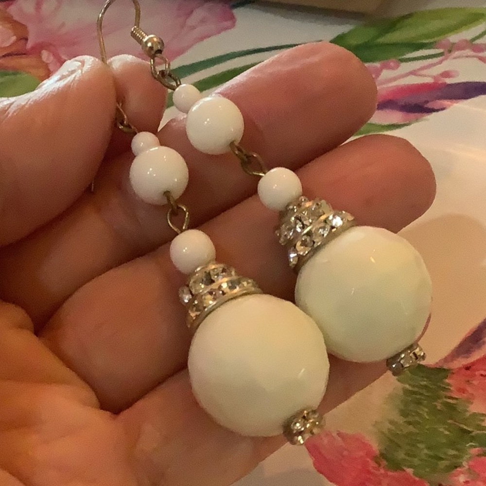 Vintage dangle white glass ball earrings with stones nice formal wear .